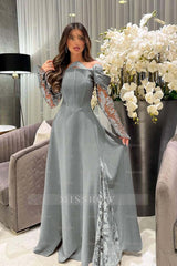 White Off-the-Shoulder Long Sleeve A-Line Satin Lace Appliques Floor Length Evening Gown
