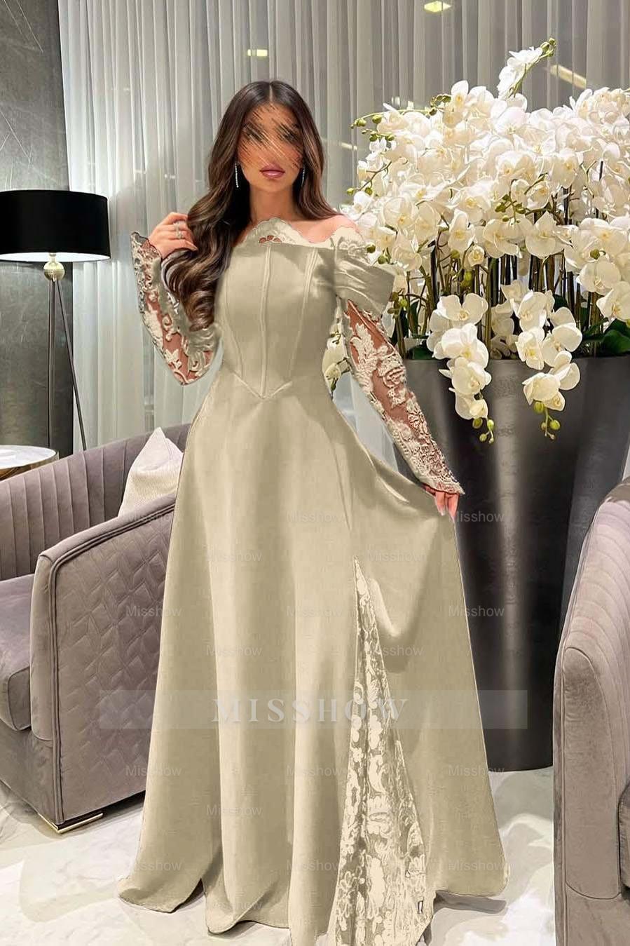 White Off-the-Shoulder Long Sleeve A-Line Satin Lace Appliques Floor Length Evening Gown