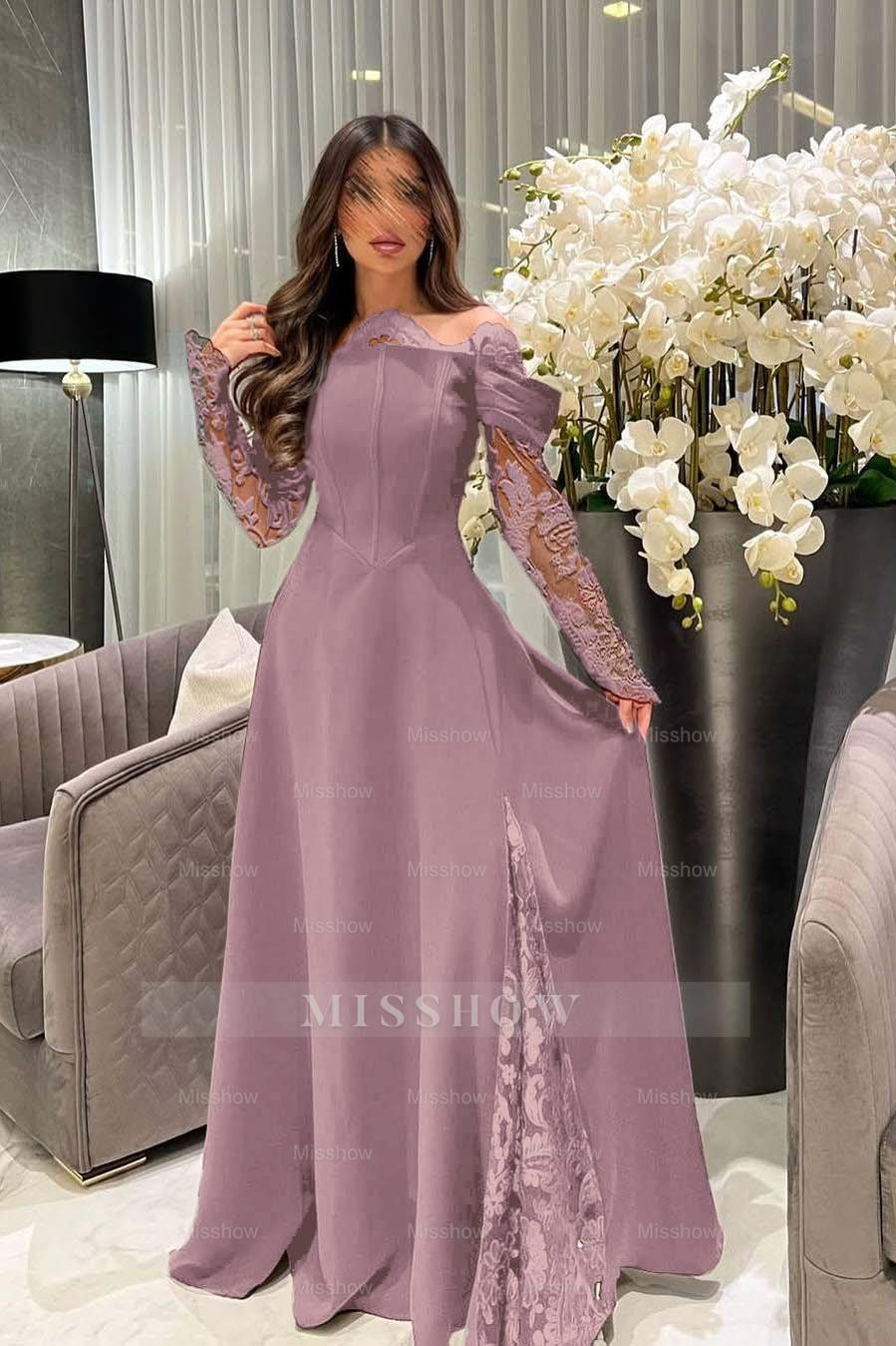 White Off-the-Shoulder Long Sleeve A-Line Satin Lace Appliques Floor Length Evening Gown