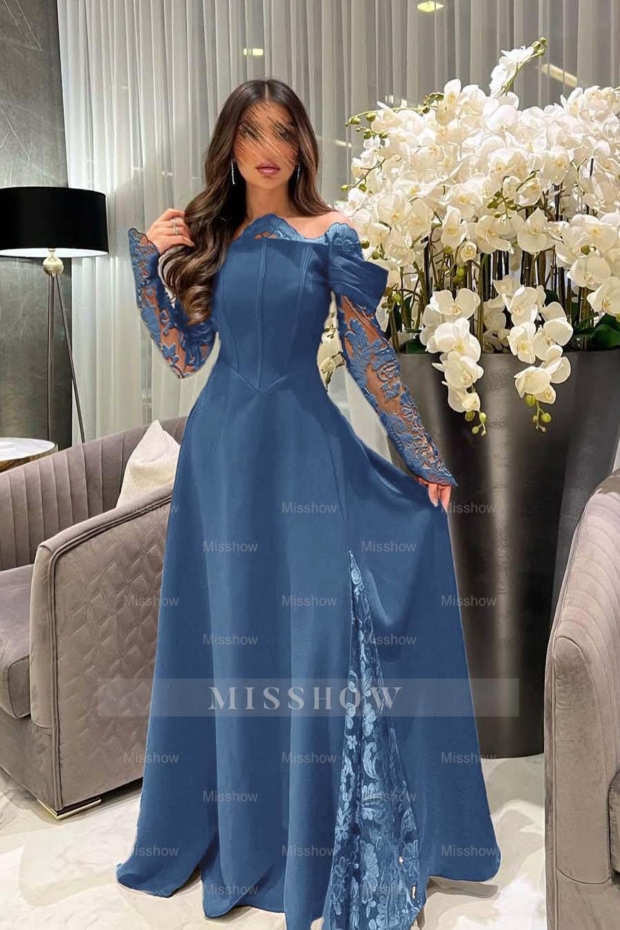 White Off-the-Shoulder Long Sleeve A-Line Satin Lace Appliques Floor Length Evening Gown
