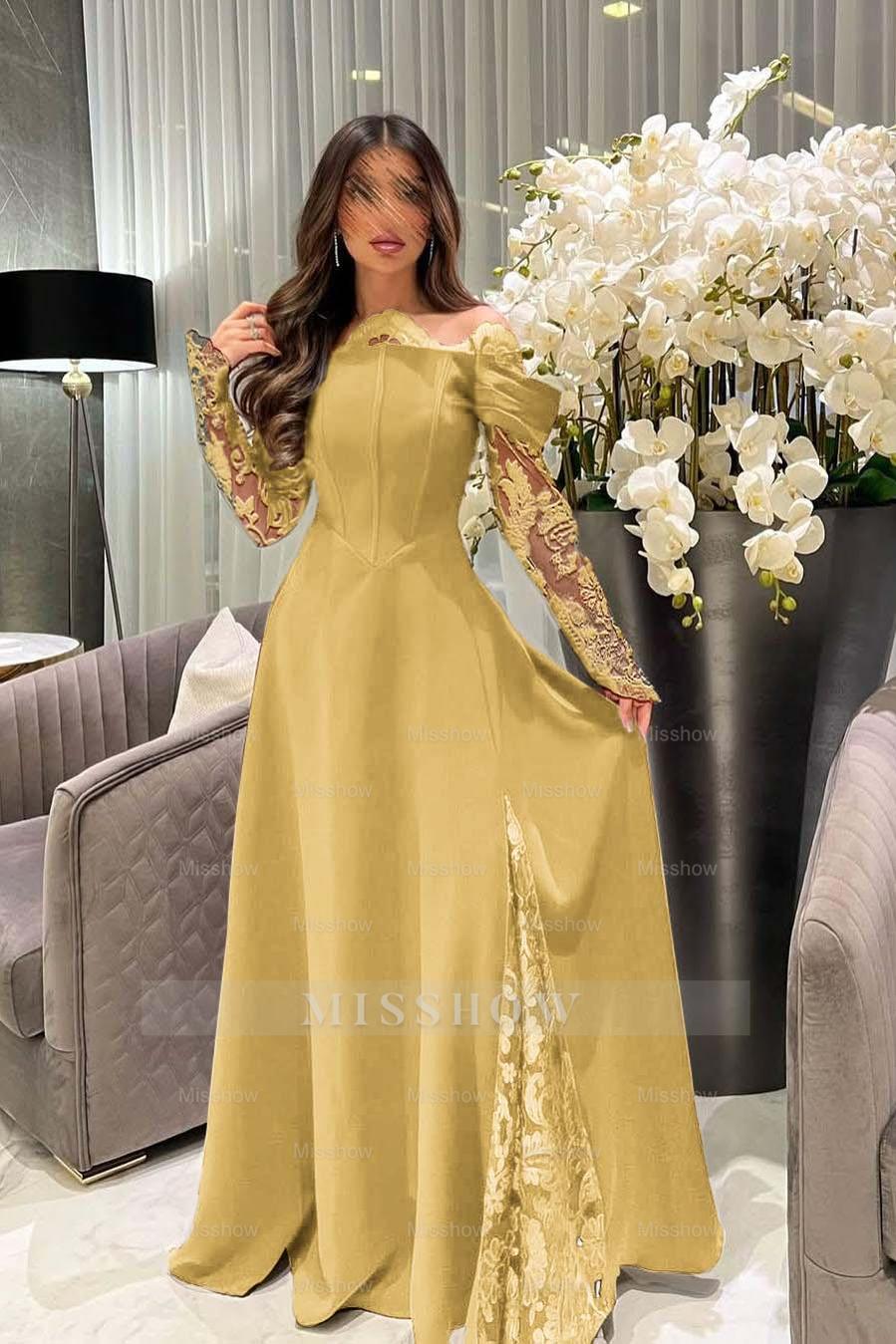 White Off-the-Shoulder Long Sleeve A-Line Satin Lace Appliques Floor Length Evening Gown