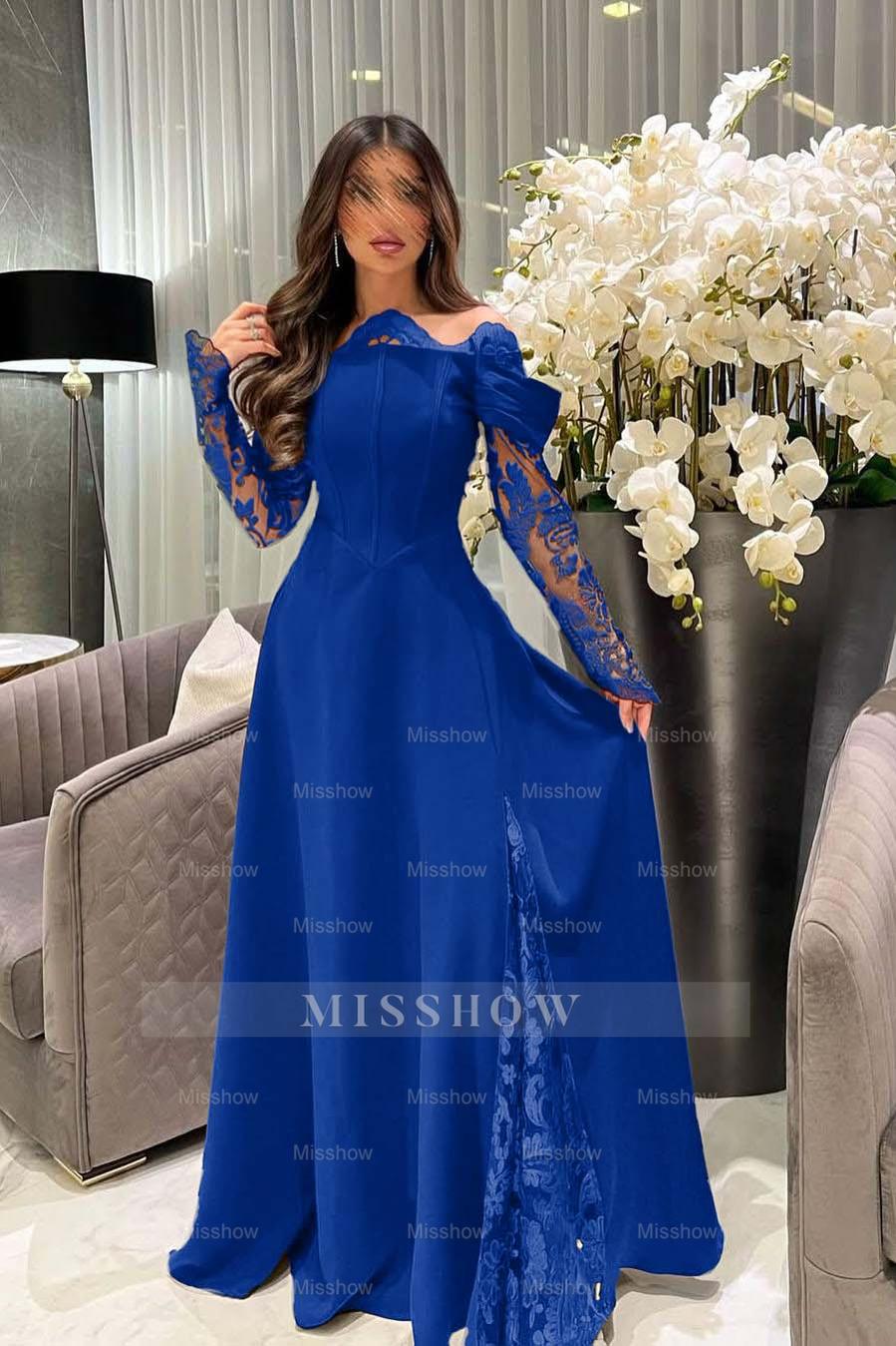 White Off-the-Shoulder Long Sleeve A-Line Satin Lace Appliques Floor Length Evening Gown