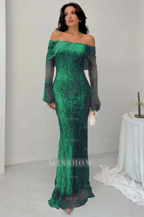 White Off-the-Shoulder Long Sleeve Bodycon Lace Floor Length Formal Evening Dress