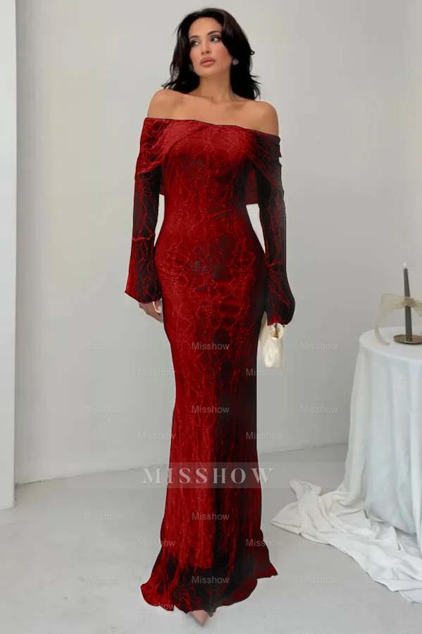 White Off-the-Shoulder Long Sleeve Bodycon Lace Floor Length Formal Evening Dress