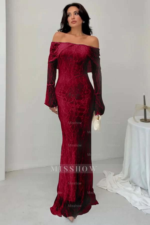 White Off-the-Shoulder Long Sleeve Bodycon Lace Floor Length Formal Evening Dress