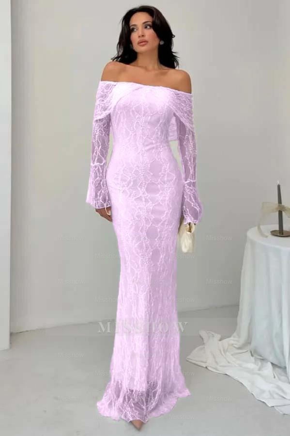 White Off-the-Shoulder Long Sleeve Bodycon Lace Floor Length Formal Evening Dress