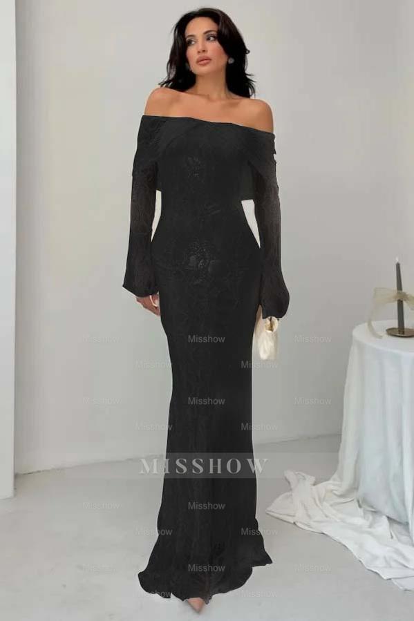 White Off-the-Shoulder Long Sleeve Bodycon Lace Floor Length Formal Evening Dress