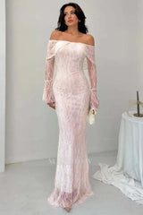 White Off-the-Shoulder Long Sleeve Bodycon Lace Floor Length Formal Evening Dress