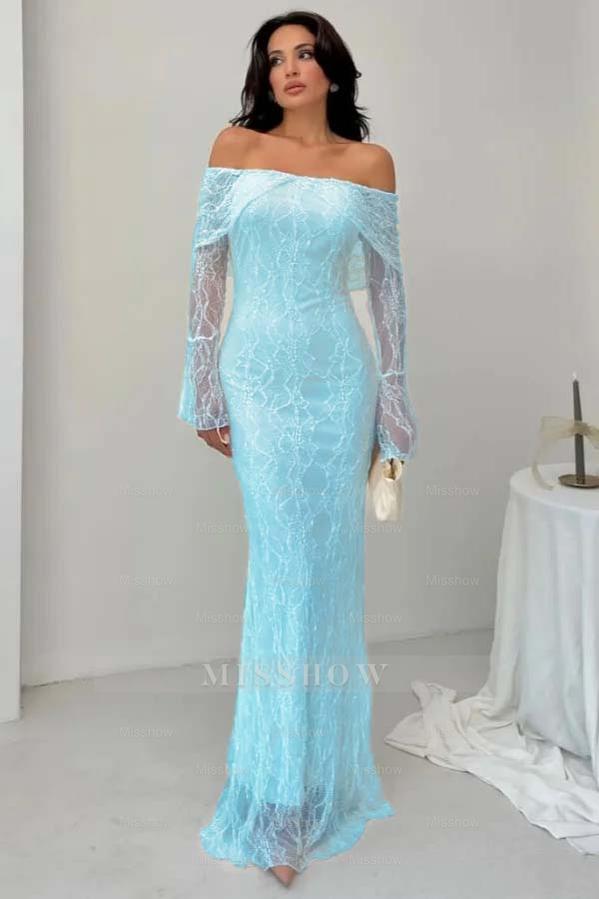 White Off-the-Shoulder Long Sleeve Bodycon Lace Floor Length Formal Evening Dress