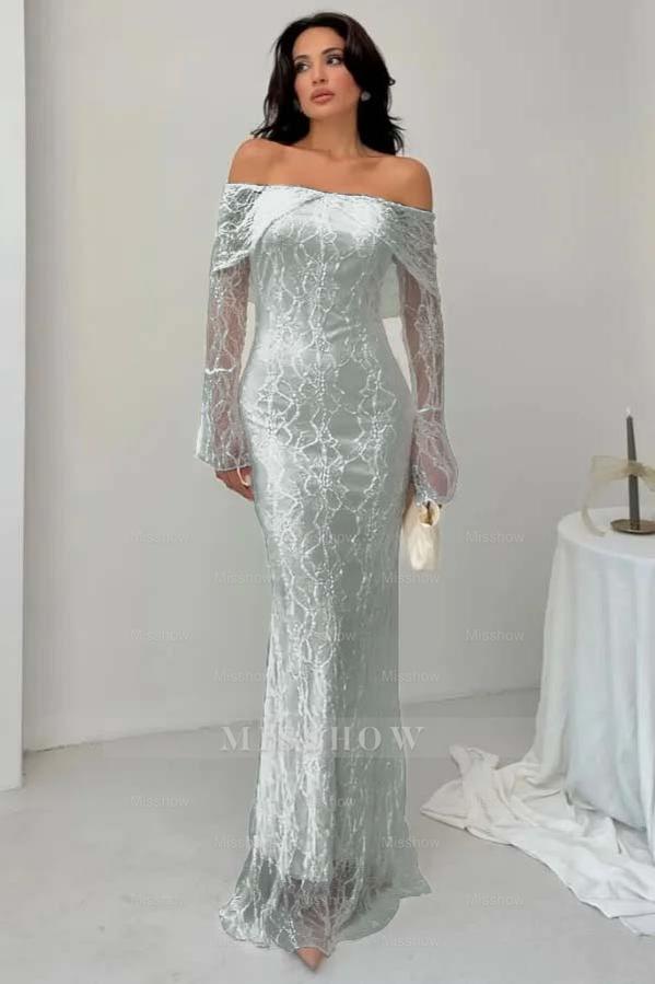 White Off-the-Shoulder Long Sleeve Bodycon Lace Floor Length Formal Evening Dress