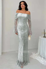 White Off-the-Shoulder Long Sleeve Bodycon Lace Floor Length Formal Evening Dress