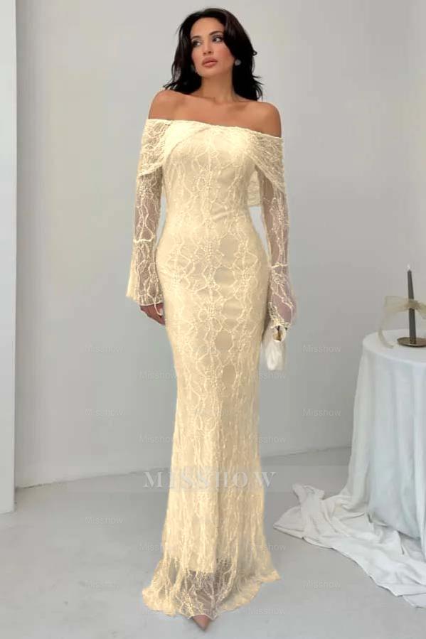 White Off-the-Shoulder Long Sleeve Bodycon Lace Floor Length Formal Evening Dress