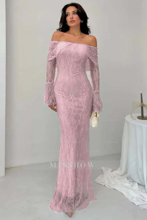 White Off-the-Shoulder Long Sleeve Bodycon Lace Floor Length Formal Evening Dress
