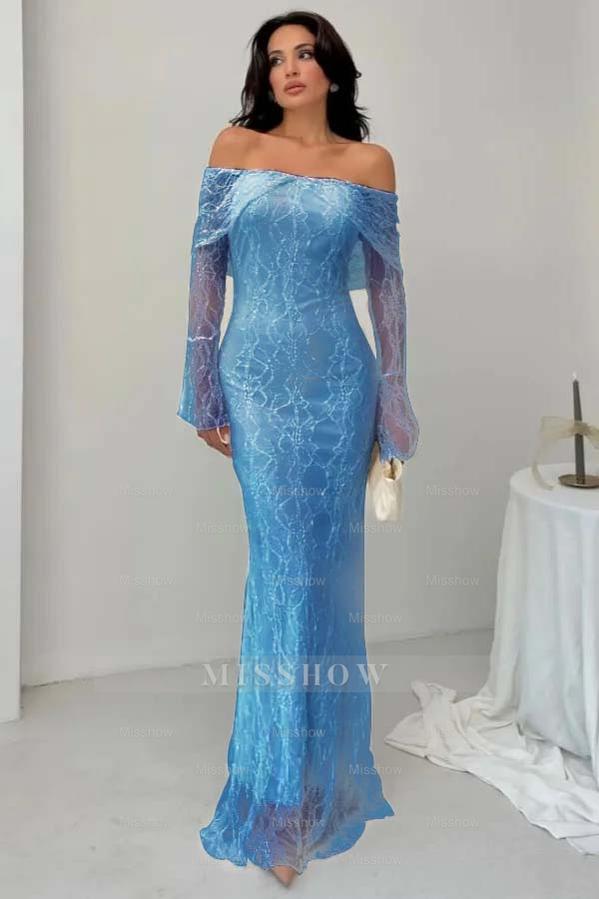 White Off-the-Shoulder Long Sleeve Bodycon Lace Floor Length Formal Evening Dress