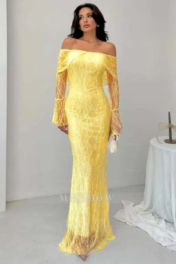 White Off-the-Shoulder Long Sleeve Bodycon Lace Floor Length Formal Evening Dress