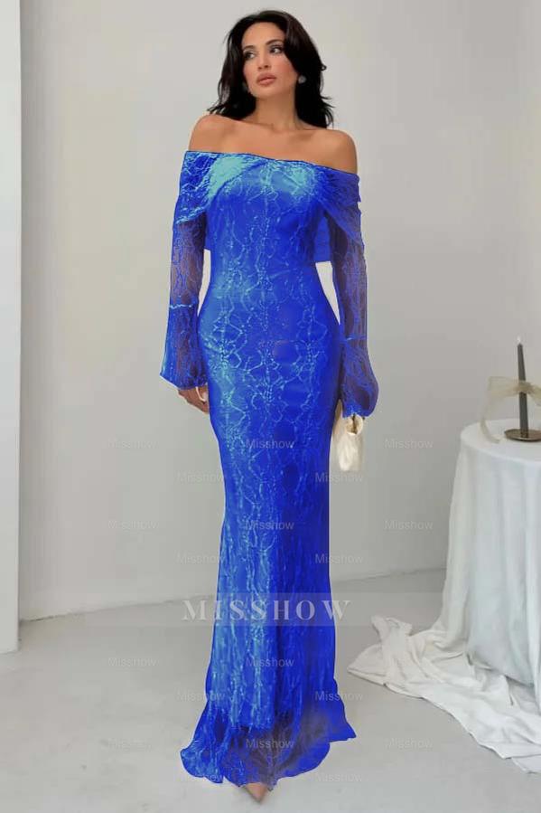 White Off-the-Shoulder Long Sleeve Bodycon Lace Floor Length Formal Evening Dress