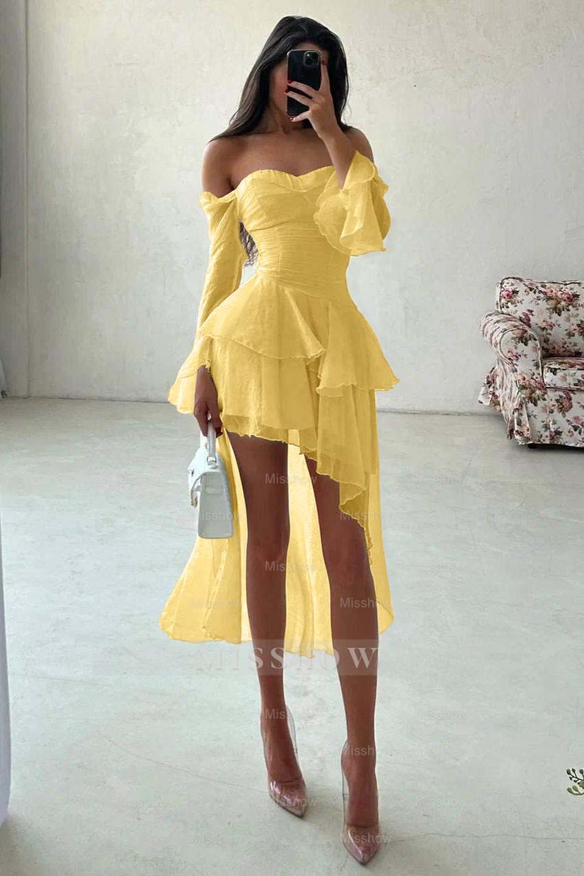White Off-the-Shoulder Long Sleeve Fit and Flare Chiffon Ruffled Mini Formal Dress