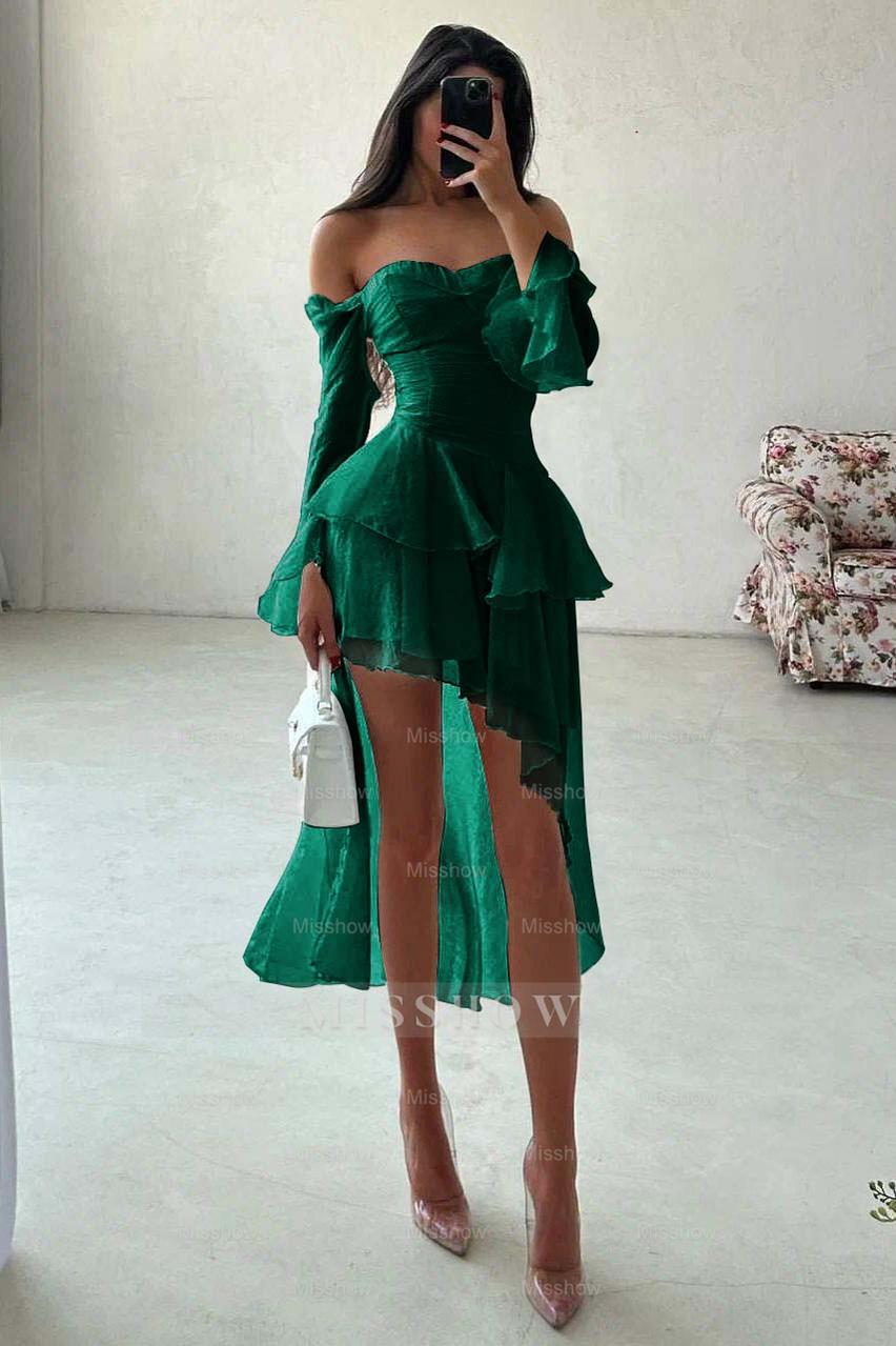 White Off-the-Shoulder Long Sleeve Fit and Flare Chiffon Ruffled Mini Formal Dress