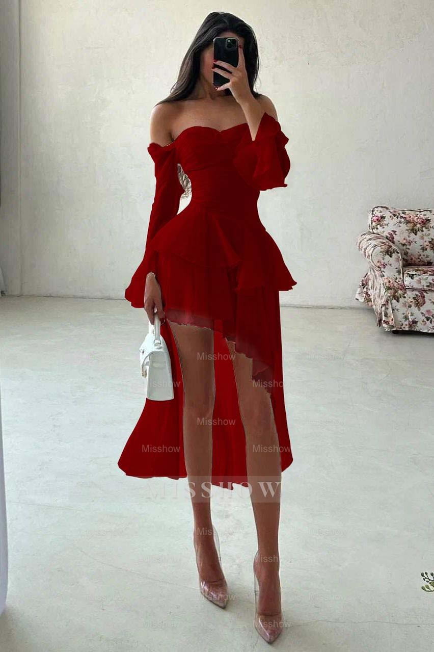 White Off-the-Shoulder Long Sleeve Fit and Flare Chiffon Ruffled Mini Formal Dress