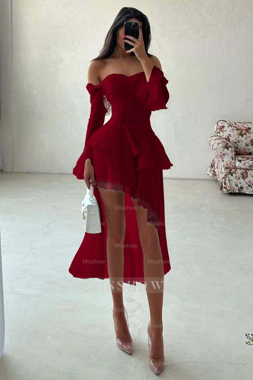 White Off-the-Shoulder Long Sleeve Fit and Flare Chiffon Ruffled Mini Formal Dress