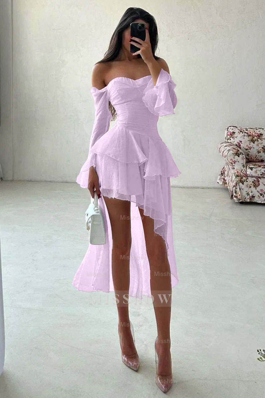 White Off-the-Shoulder Long Sleeve Fit and Flare Chiffon Ruffled Mini Formal Dress