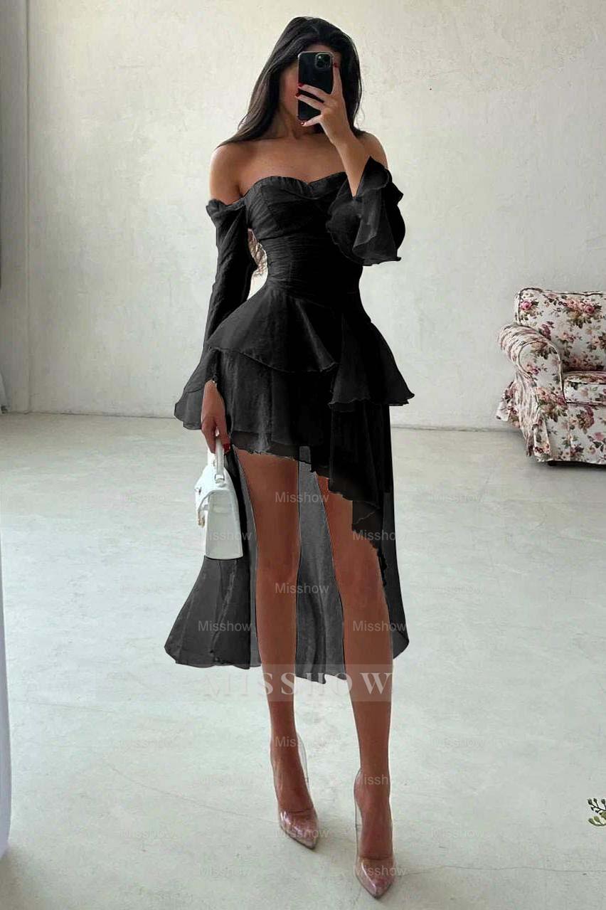 White Off-the-Shoulder Long Sleeve Fit and Flare Chiffon Ruffled Mini Formal Dress