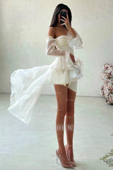 White Off-the-Shoulder Long Sleeve Fit and Flare Chiffon Ruffled Mini Formal Dress