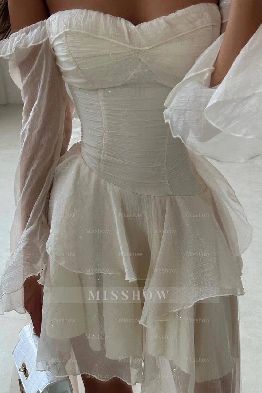 White Off-the-Shoulder Long Sleeve Fit and Flare Chiffon Ruffled Mini Formal Dress