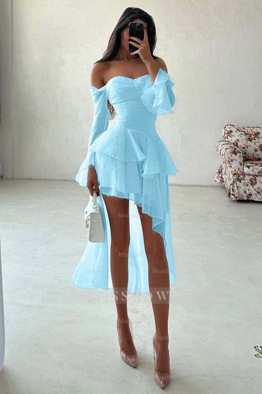 White Off-the-Shoulder Long Sleeve Fit and Flare Chiffon Ruffled Mini Formal Dress
