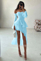 White Off-the-Shoulder Long Sleeve Fit and Flare Chiffon Ruffled Mini Formal Dress