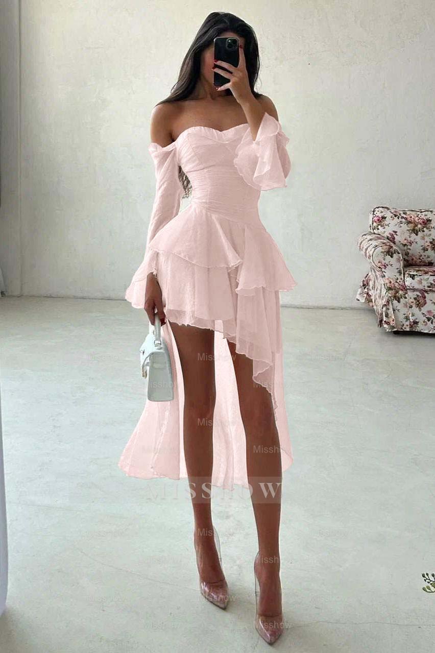 White Off-the-Shoulder Long Sleeve Fit and Flare Chiffon Ruffled Mini Formal Dress