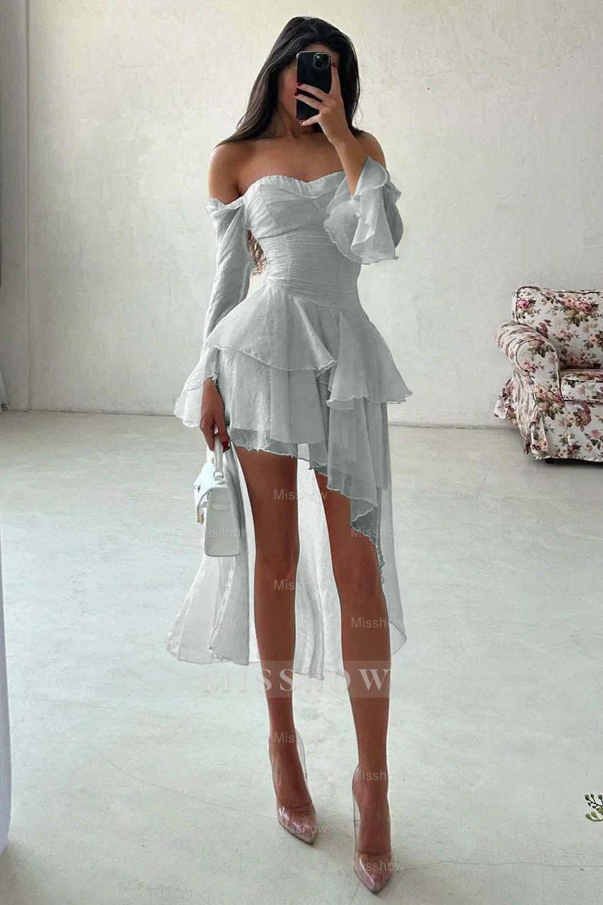 White Off-the-Shoulder Long Sleeve Fit and Flare Chiffon Ruffled Mini Formal Dress