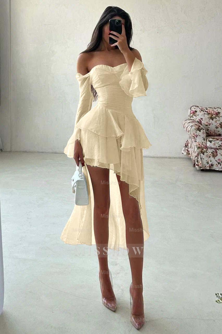 White Off-the-Shoulder Long Sleeve Fit and Flare Chiffon Ruffled Mini Formal Dress
