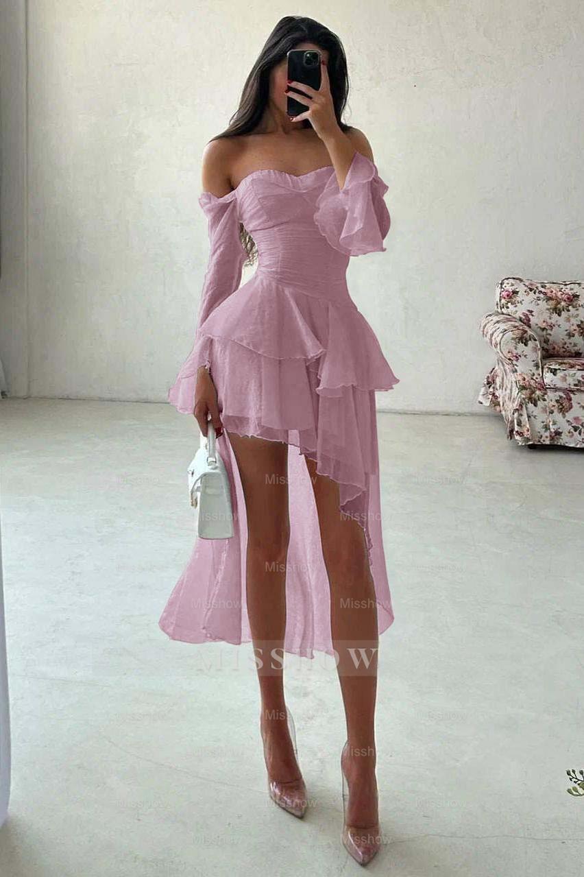 White Off-the-Shoulder Long Sleeve Fit and Flare Chiffon Ruffled Mini Formal Dress