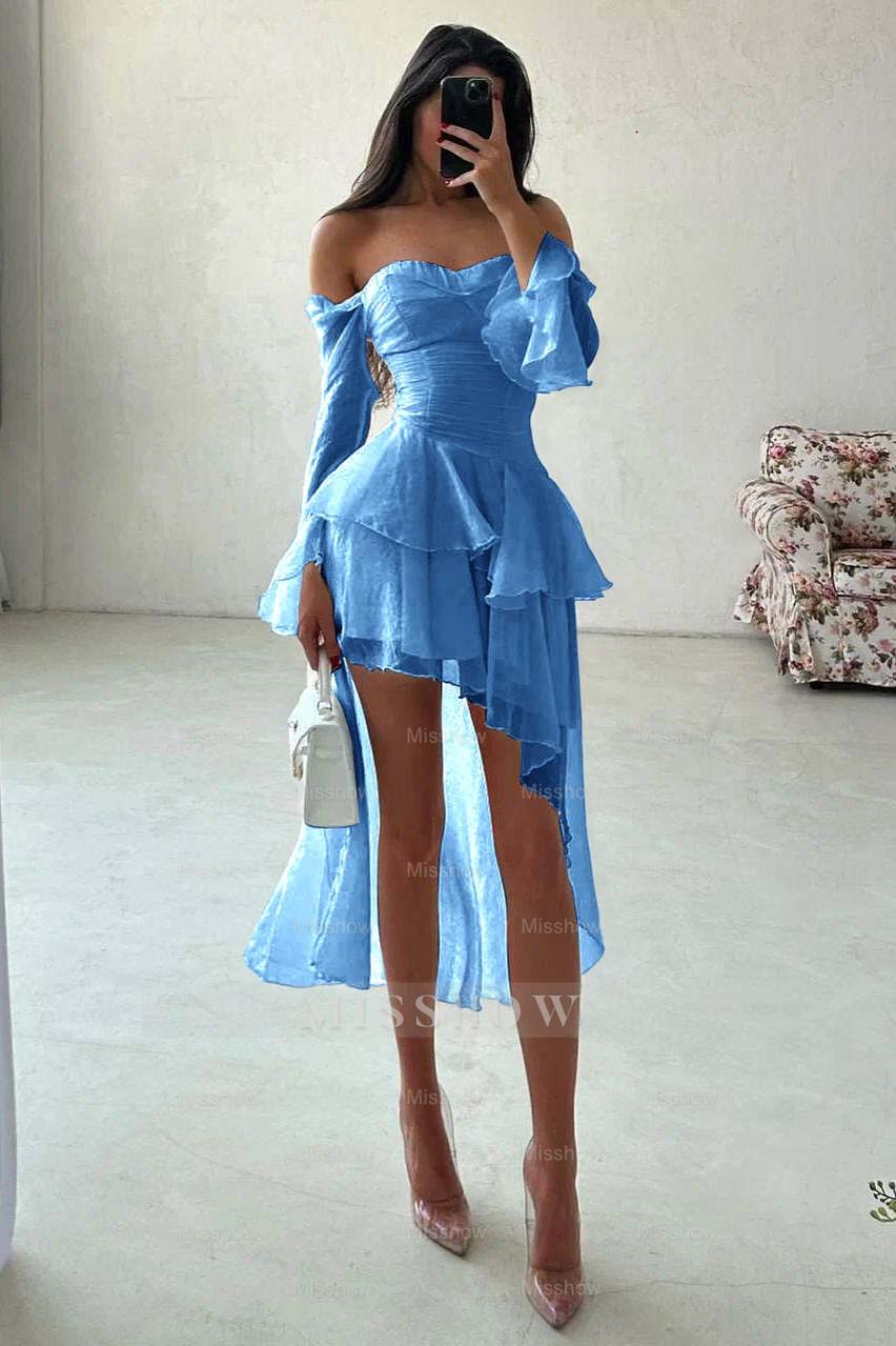 White Off-the-Shoulder Long Sleeve Fit and Flare Chiffon Ruffled Mini Formal Dress