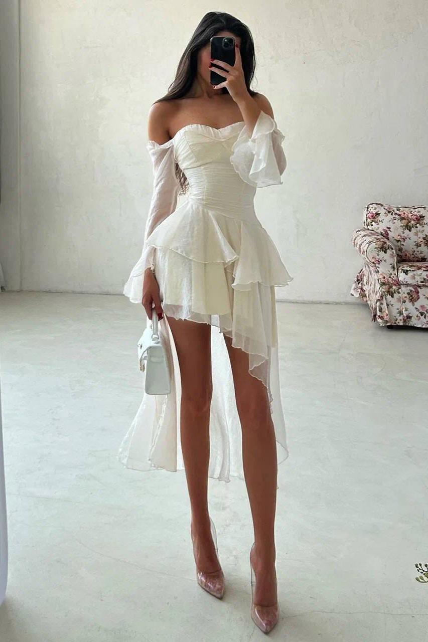 White Off-the-Shoulder Long Sleeve Fit and Flare Chiffon Ruffled Mini Formal Dress