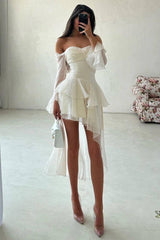 White Off-the-Shoulder Long Sleeve Fit and Flare Chiffon Ruffled Mini Formal Dress