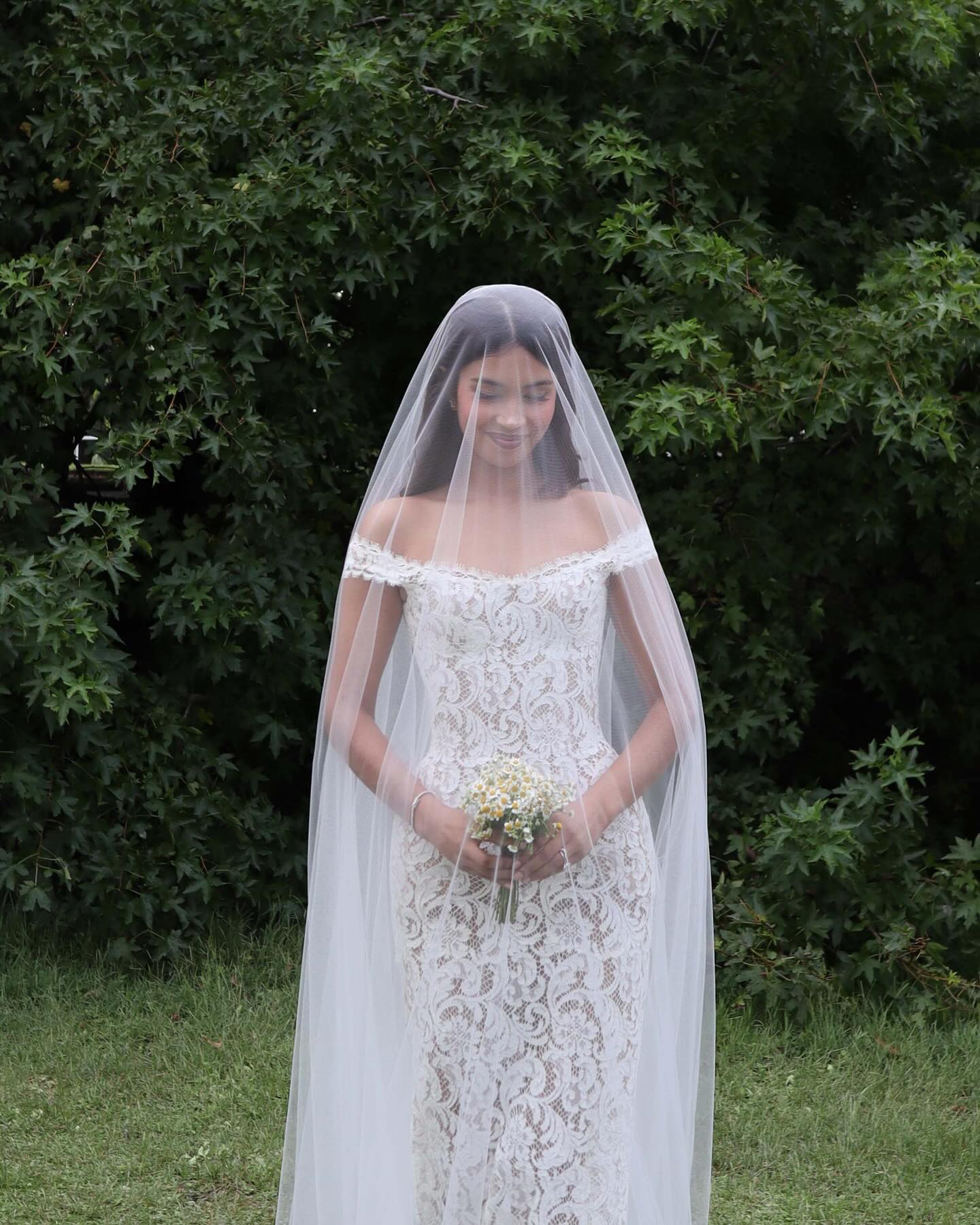 White Off-the-Shoulder Mermaid Wedding Dress Full Lace Cap Sleeve Button Back Sweep Train