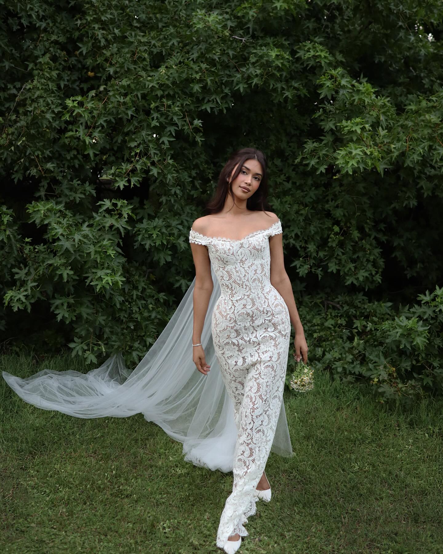 White Off-the-Shoulder Mermaid Wedding Dress Full Lace Cap Sleeve Button Back Sweep Train