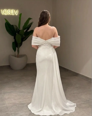 White Off-the-Shoulder Mermaid Wedding Dress Satin Draped Bow Beaded Open Back Chapel Train Bridal Gown