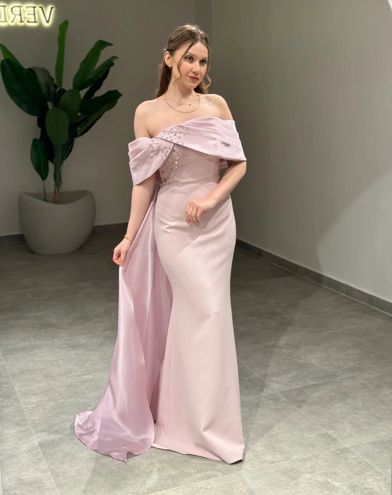 White Off-the-Shoulder Mermaid Wedding Dress Satin Draped Bow Beaded Open Back Chapel Train Bridal Gown