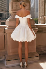 White Off-the-Shoulder Short Wedding Dress Sweetheart Satin Bubble Skirt Mini Bridal Gown