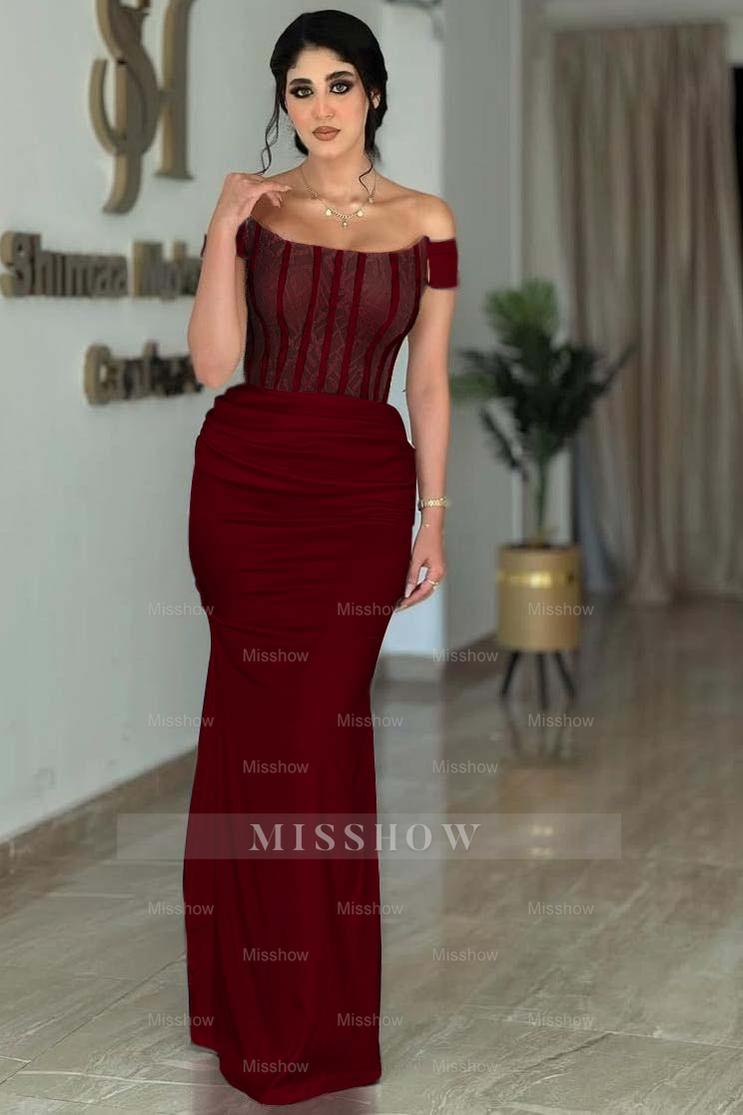 White Off-the-Shoulder Sleeveless Beaded Lace Corset Mermaid Satin Formal Evening Gown