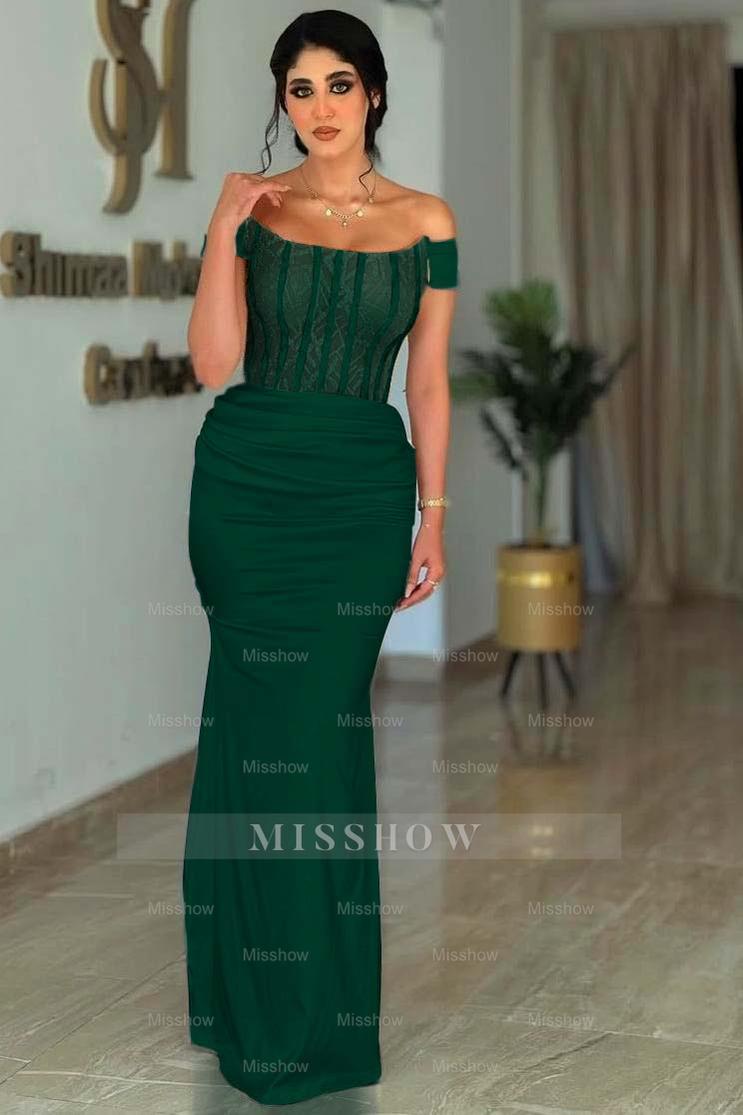 White Off-the-Shoulder Sleeveless Beaded Lace Corset Mermaid Satin Formal Evening Gown