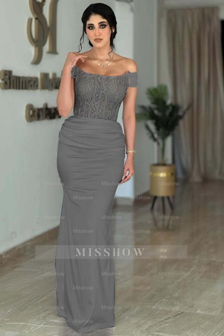 White Off-the-Shoulder Sleeveless Beaded Lace Corset Mermaid Satin Formal Evening Gown
