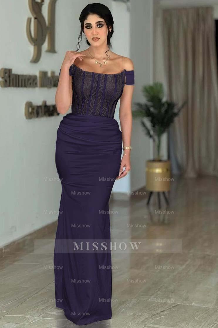 White Off-the-Shoulder Sleeveless Beaded Lace Corset Mermaid Satin Formal Evening Gown