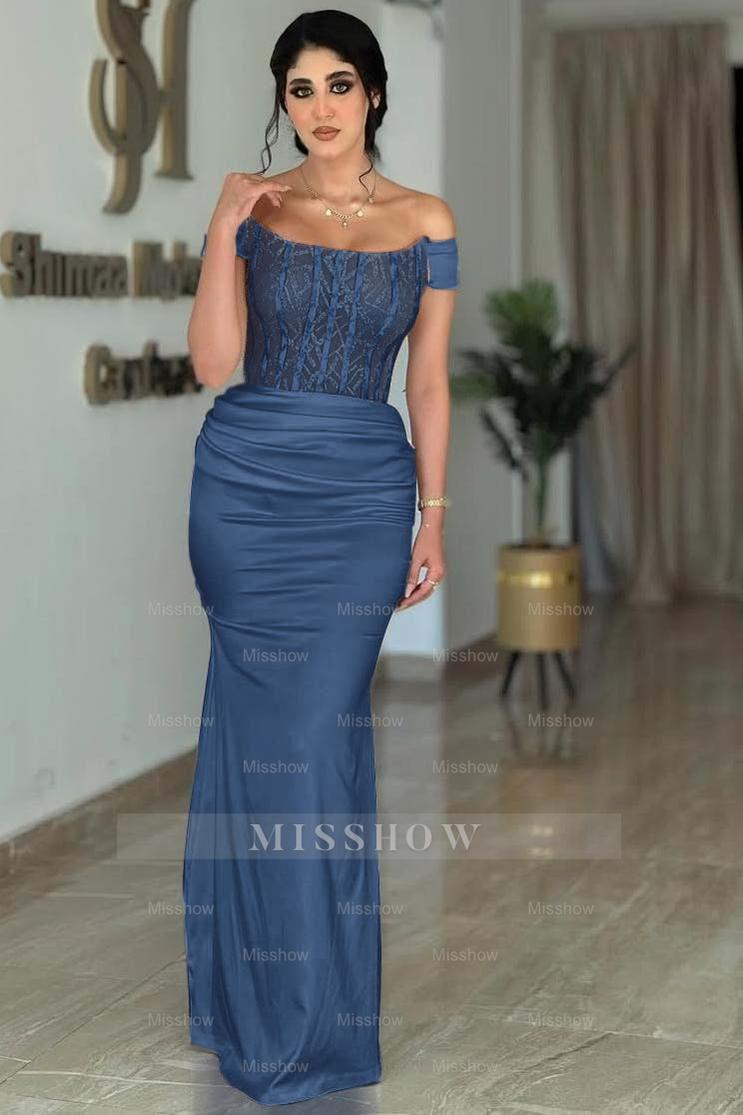 White Off-the-Shoulder Sleeveless Beaded Lace Corset Mermaid Satin Formal Evening Gown