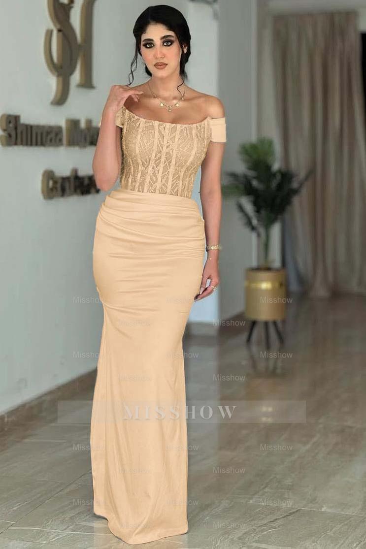White Off-the-Shoulder Sleeveless Beaded Lace Corset Mermaid Satin Formal Evening Gown