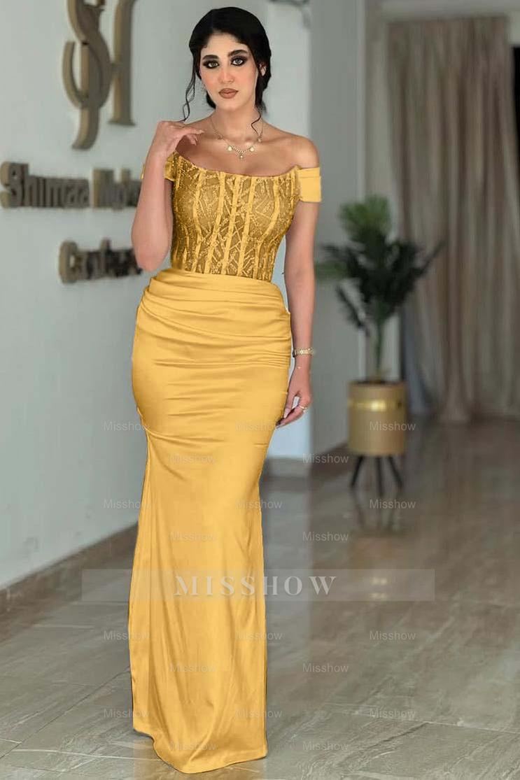 White Off-the-Shoulder Sleeveless Beaded Lace Corset Mermaid Satin Formal Evening Gown