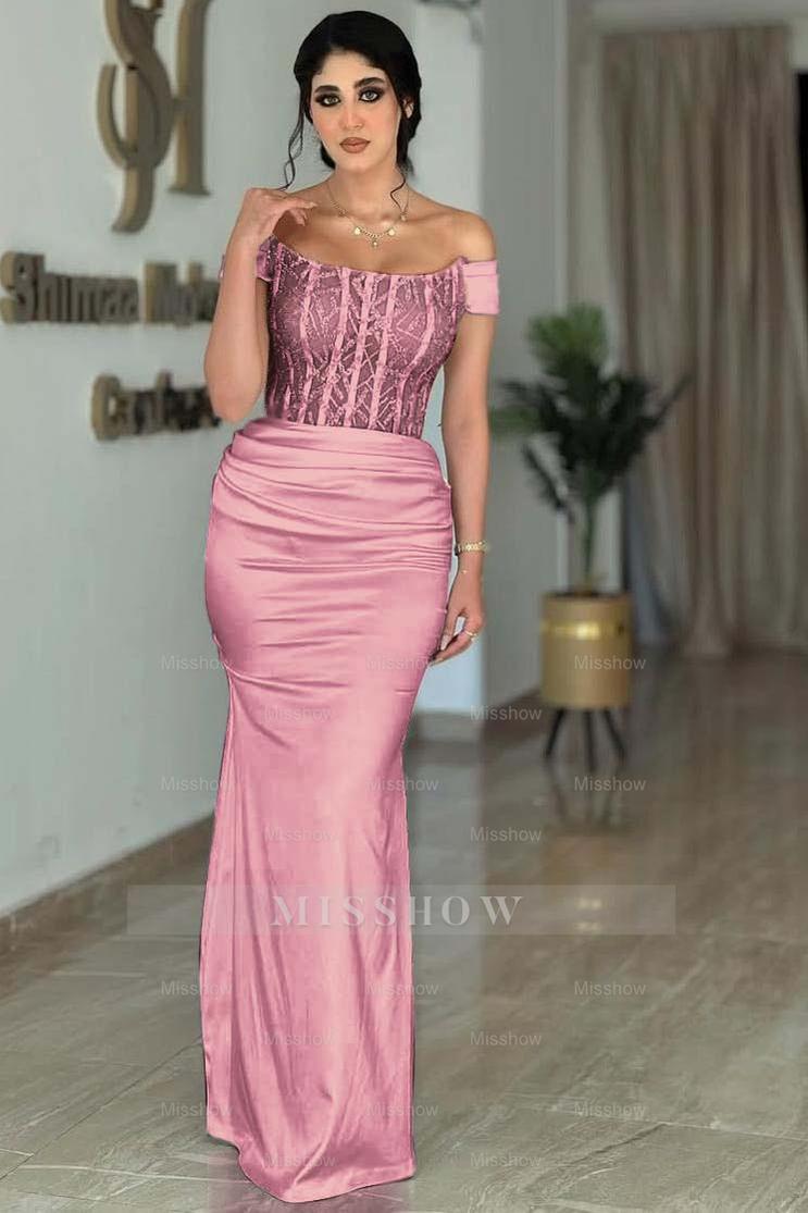 White Off-the-Shoulder Sleeveless Beaded Lace Corset Mermaid Satin Formal Evening Gown
